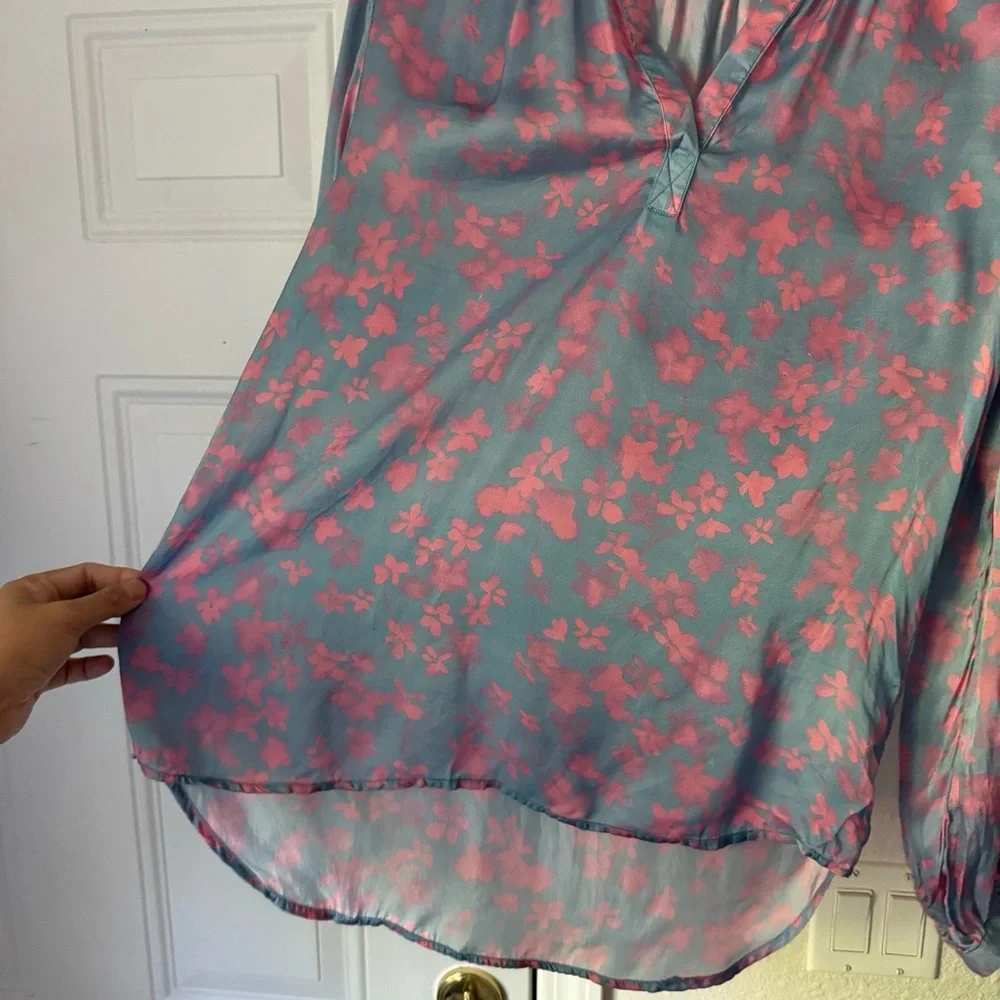 PRIMROSE PARK LONDON pink blue‎ watercolor floral popover long sleeve blouse